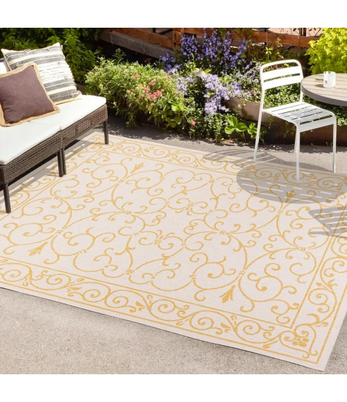 Charleston Vintage Filigree Textured Weave Cream/Yellow 4 ft. x 6 ft. Indoor/Outdoor Area Rug