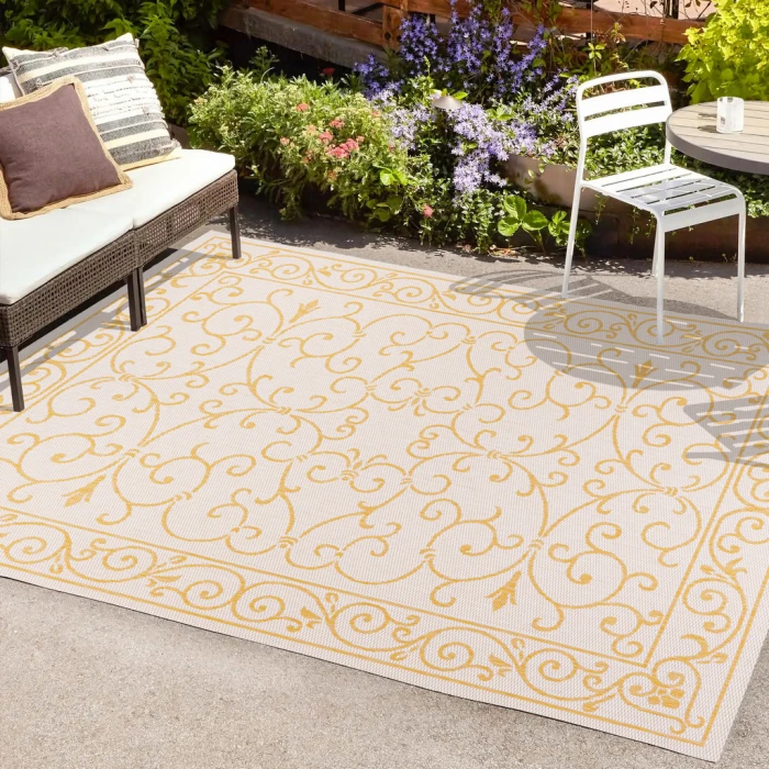 Charleston Vintage Filigree Textured Weave Cream/Yellow 3 ft. x 5 ft. Indoor/Outdoor Area Rug