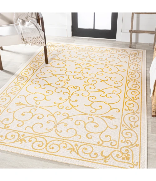 Charleston Vintage Filigree Textured Weave Cream/Yellow 4 ft. x 6 ft. Indoor/Outdoor Area Rug