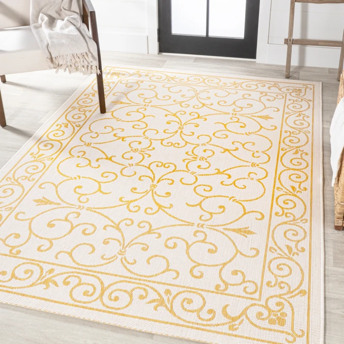 Charleston Vintage Filigree Textured Weave Cream/Yellow 3 ft. x 5 ft. Indoor/Outdoor Area Rug