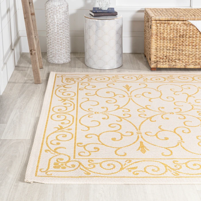 Charleston Vintage Filigree Textured Weave Cream/Yellow 3 ft. x 5 ft. Indoor/Outdoor Area Rug