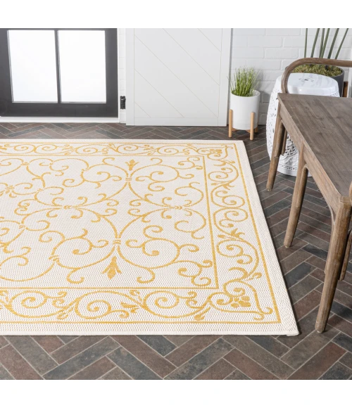 Charleston Vintage Filigree Textured Weave Cream/Yellow 4 ft. x 6 ft. Indoor/Outdoor Area Rug