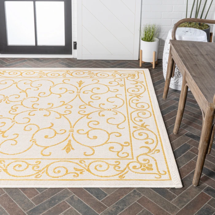 Charleston Vintage Filigree Textured Weave Cream/Yellow 3 ft. x 5 ft. Indoor/Outdoor Area Rug