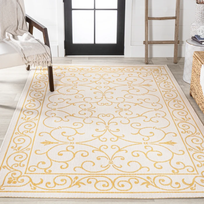 Charleston Vintage Filigree Textured Weave Cream/Yellow 3 ft. x 5 ft. Indoor/Outdoor Area Rug