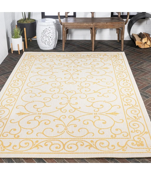 Charleston Vintage Filigree Textured Weave Cream/Yellow 4 ft. x 6 ft. Indoor/Outdoor Area Rug