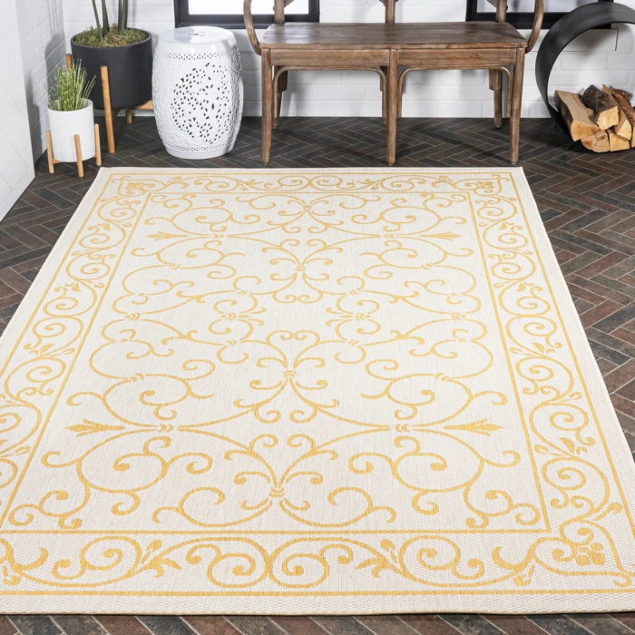 Charleston Vintage Filigree Textured Weave Cream/Yellow 3 ft. x 5 ft. Indoor/Outdoor Area Rug