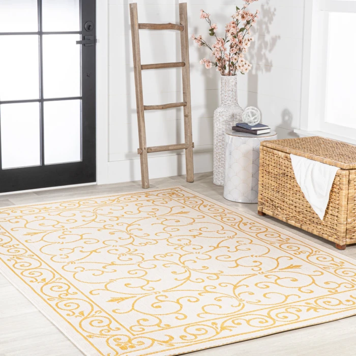 Charleston Vintage Filigree Textured Weave Cream/Yellow 3 ft. x 5 ft. Indoor/Outdoor Area Rug