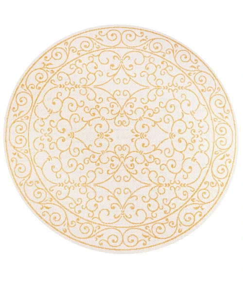 Charleston Vintage Filigree Textured Weave Cream/Yellow 5' Round Indoor/Outdoor Area Rug