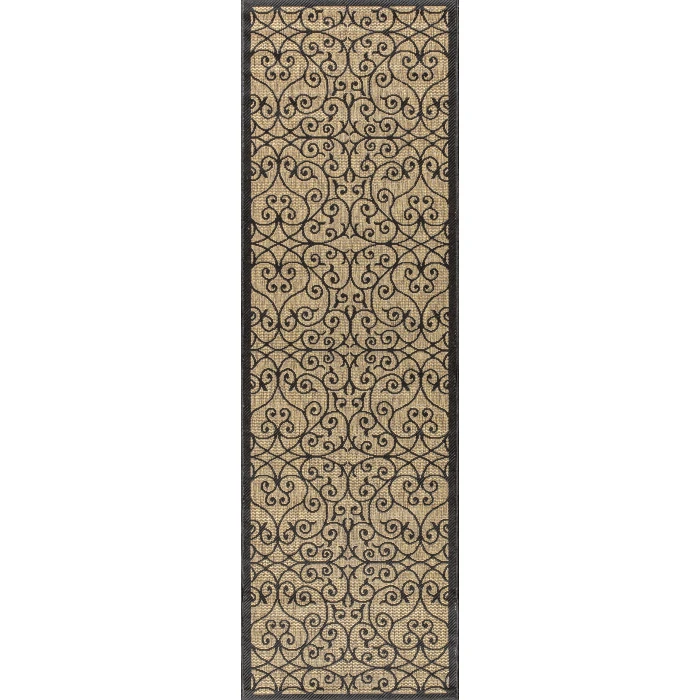 Madrid Vintage Filigree Textured Weave Black/Khaki 2 ft. x 8 ft. Indoor/Outdoor Runner Rug