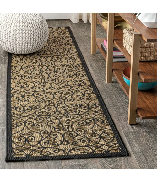 Madrid Vintage Filigree Textured Weave Black/Khaki 2 ft. x 10 ft. Indoor/Outdoor Runner Rug
