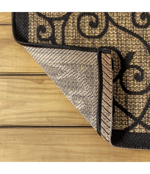 Madrid Vintage Filigree Textured Weave Black/Khaki 6' Round Indoor/Outdoor Area Rug