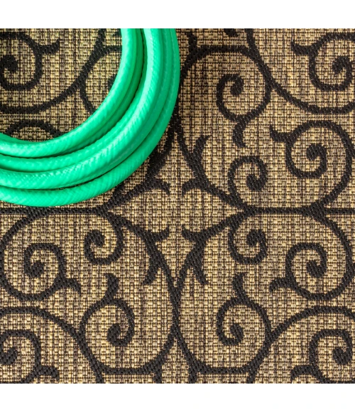 Madrid Vintage Filigree Textured Weave Black/Khaki 6' Round Indoor/Outdoor Area Rug