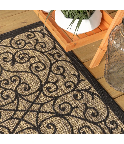 Madrid Vintage Filigree Textured Weave Black/Khaki 6' Round Indoor/Outdoor Area Rug