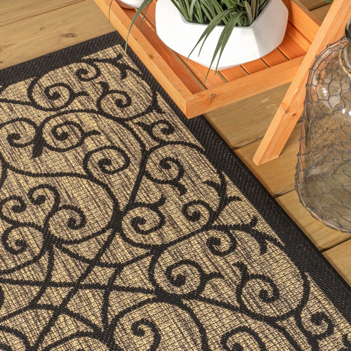 Madrid Vintage Filigree Textured Weave Black/Khaki 5' Square Indoor/Outdoor Area Rug