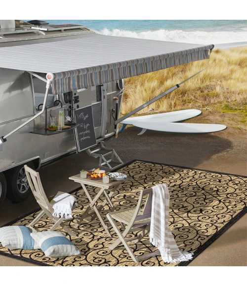 Madrid Vintage Filigree Textured Weave Black/Khaki 6' Round Indoor/Outdoor Area Rug