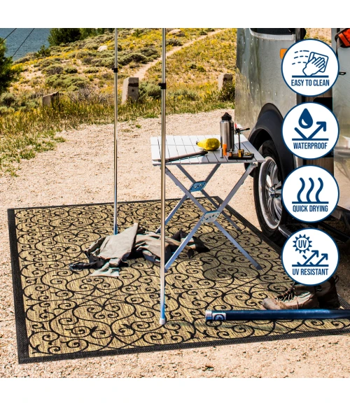 Madrid Vintage Filigree Textured Weave Black/Khaki 6' Round Indoor/Outdoor Area Rug