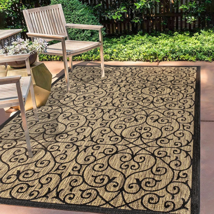 Madrid Vintage Filigree Textured Weave Black/Khaki 5 ft. x 8 ft. Indoor/Outdoor Area Rug