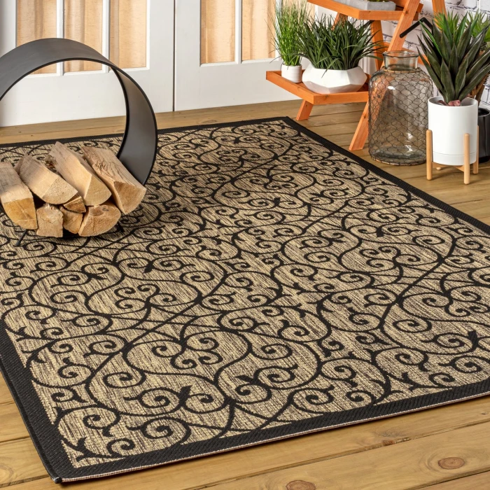 Madrid Vintage Filigree Textured Weave Black/Khaki 5 ft. x 8 ft. Indoor/Outdoor Area Rug