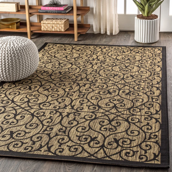 Madrid Vintage Filigree Textured Weave Black/Khaki 5 ft. x 8 ft. Indoor/Outdoor Area Rug