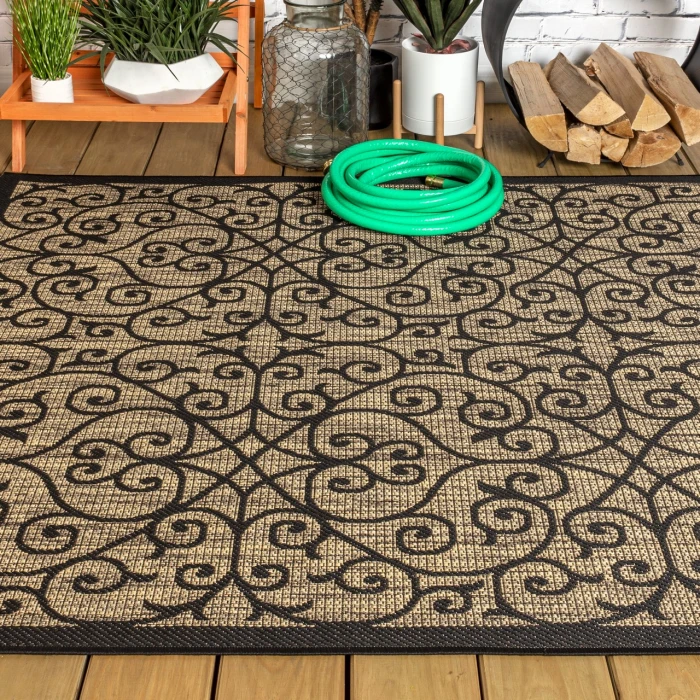 Madrid Vintage Filigree Textured Weave Black/Khaki 5 ft. x 8 ft. Indoor/Outdoor Area Rug