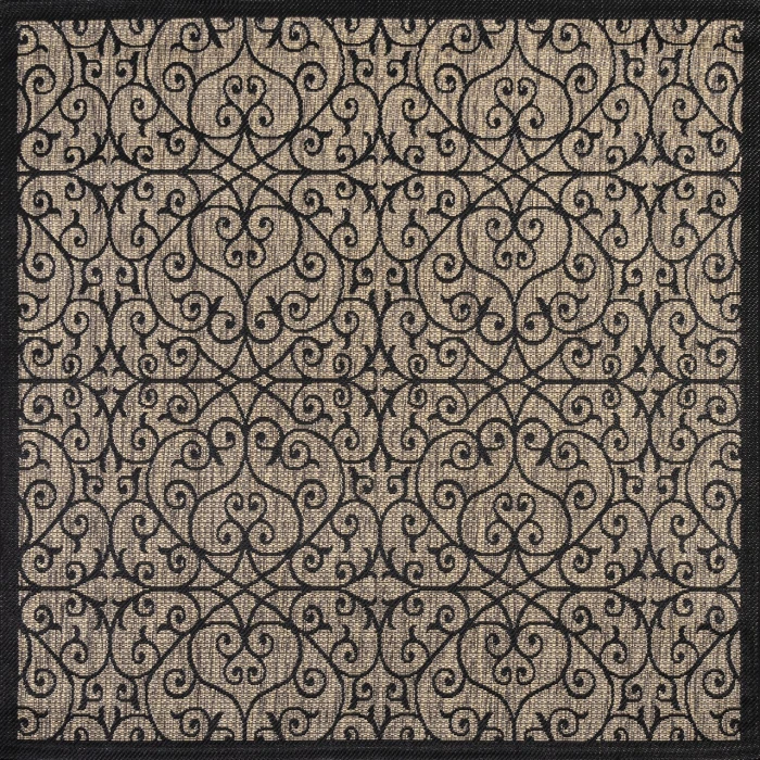Madrid Vintage Filigree Textured Weave Black/Khaki 5' Square Indoor/Outdoor Area Rug