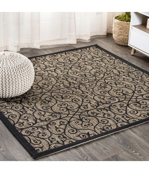Madrid Vintage Filigree Textured Weave Black/Khaki 6' Square Indoor/Outdoor Area Rug