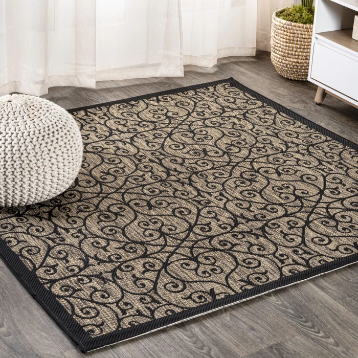 Madrid Vintage Filigree Textured Weave Black/Khaki 5' Square Indoor/Outdoor Area Rug