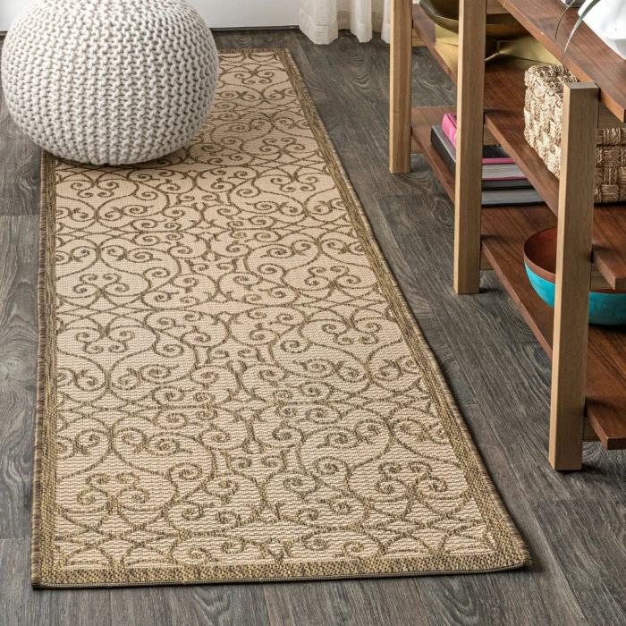 Madrid Vintage Filigree Textured Weave Beige/Brown 2 ft. x 10 ft. Indoor/Outdoor Runner Rug