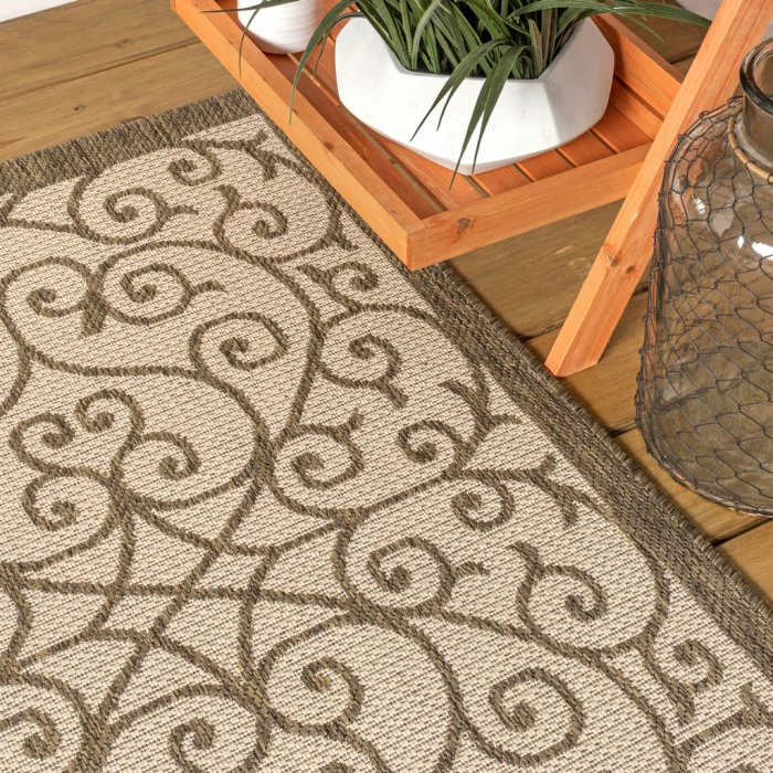 Madrid Vintage Filigree Textured Weave Beige/Brown 2 ft. x 10 ft. Indoor/Outdoor Runner Rug