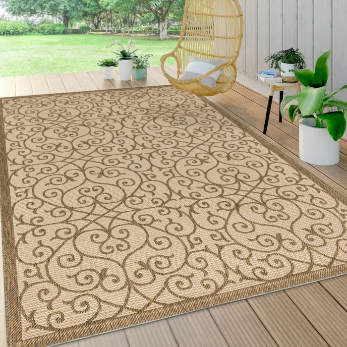 Madrid Vintage Filigree Textured Weave Beige/Brown 8 ft. x 10 ft. Indoor/Outdoor Area Rug