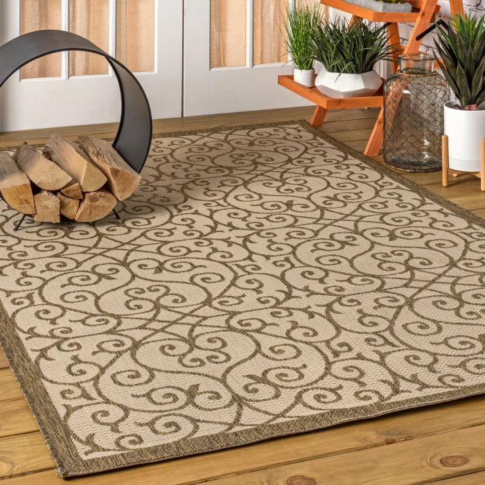 Madrid Vintage Filigree Textured Weave Beige/Brown 8 ft. x 10 ft. Indoor/Outdoor Area Rug