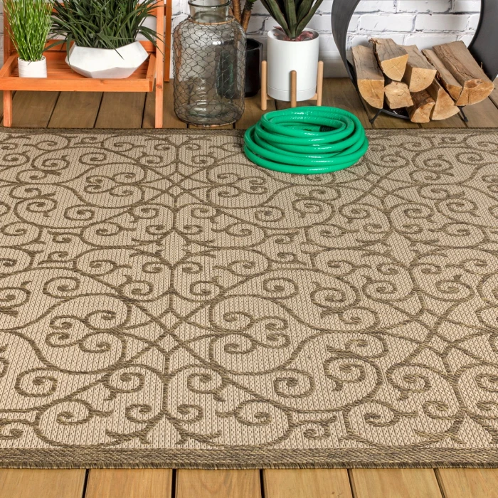 Madrid Vintage Filigree Textured Weave Beige/Brown 8 ft. x 10 ft. Indoor/Outdoor Area Rug