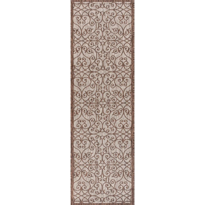 Madrid Vintage Filigree Textured Weave Taupe/Espresso 2 ft. x 8 ft. Indoor/Outdoor Runner Rug