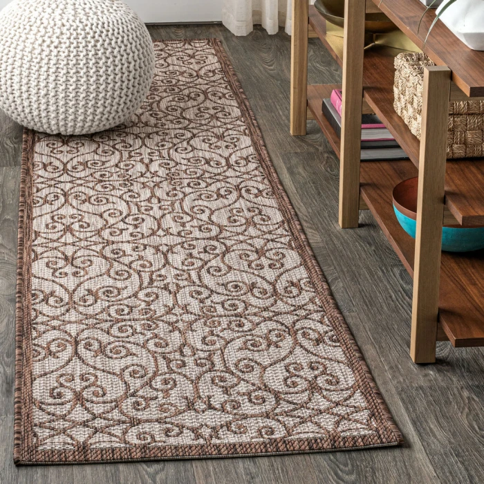 Madrid Vintage Filigree Textured Weave Taupe/Espresso 2 ft. x 8 ft. Indoor/Outdoor Runner Rug