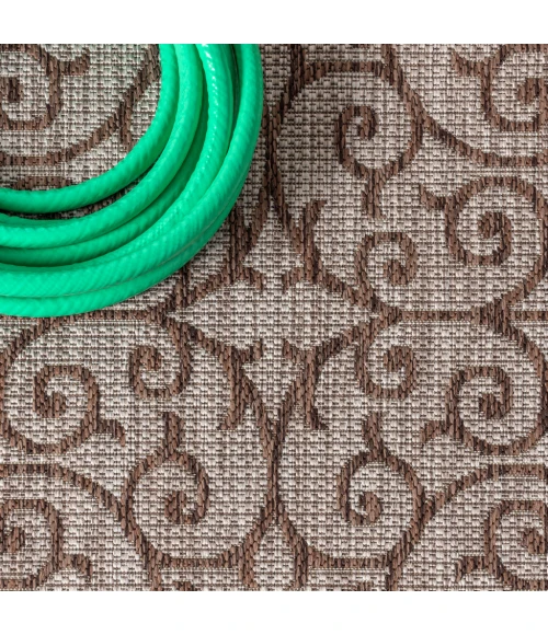 Madrid Vintage Filigree Textured Weave Taupe/Espresso 2 ft. x 8 ft. Indoor/Outdoor Runner Rug