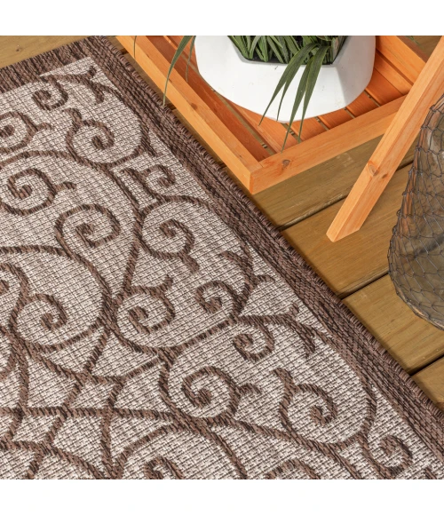 Madrid Vintage Filigree Textured Weave Taupe/Espresso 2 ft. x 8 ft. Indoor/Outdoor Runner Rug
