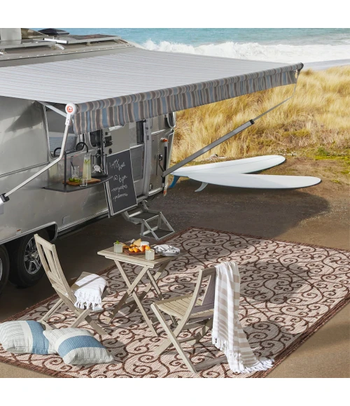 Madrid Vintage Filigree Textured Weave Taupe/Espresso 2 ft. x 8 ft. Indoor/Outdoor Runner Rug