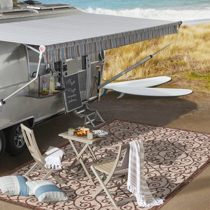 Madrid Vintage Filigree Textured Weave Taupe/Espresso 2 ft. x 8 ft. Indoor/Outdoor Runner Rug