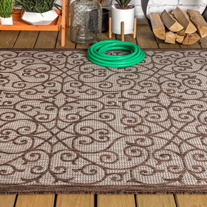 Madrid Vintage Filigree Textured Weave Taupe/Espresso 4 ft. x 6 ft. Indoor/Outdoor Area Rug