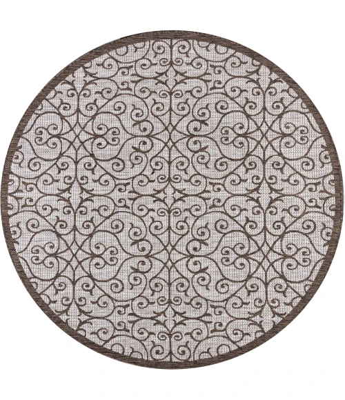 Madrid Vintage Filigree Textured Weave Taupe/Espresso 5' Round Indoor/Outdoor Area Rug