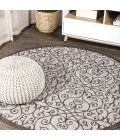 Madrid Vintage Filigree Textured Weave Taupe/Espresso 5' Round Indoor/Outdoor Area Rug