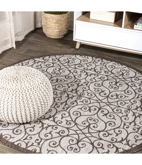 Madrid Vintage Filigree Textured Weave Taupe/Espresso 5' Round Indoor/Outdoor Area Rug
