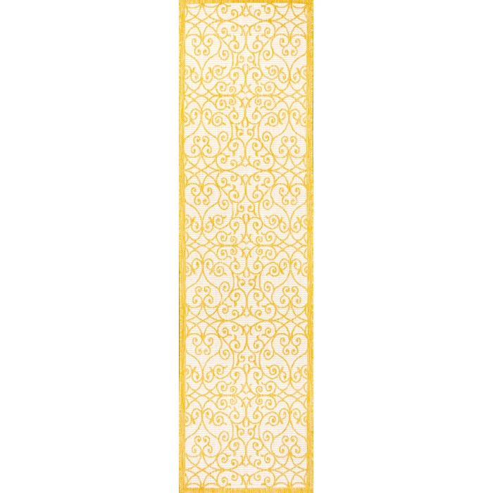 Madrid Vintage Filigree Textured Weave Cream/Yellow 2 ft. x 10 ft. Indoor/Outdoor Runner Rug
