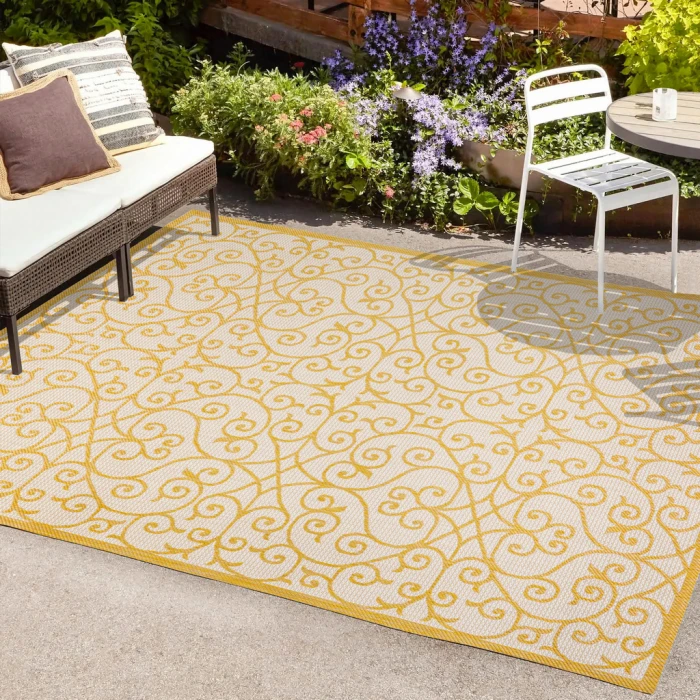 Madrid Vintage Filigree Textured Weave Cream/Yellow 5 ft. x 8 ft. Indoor/Outdoor Area Rug
