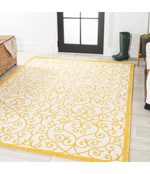 Madrid Vintage Filigree Textured Weave Cream/Yellow 3 ft. x 5 ft. Indoor/Outdoor Area Rug