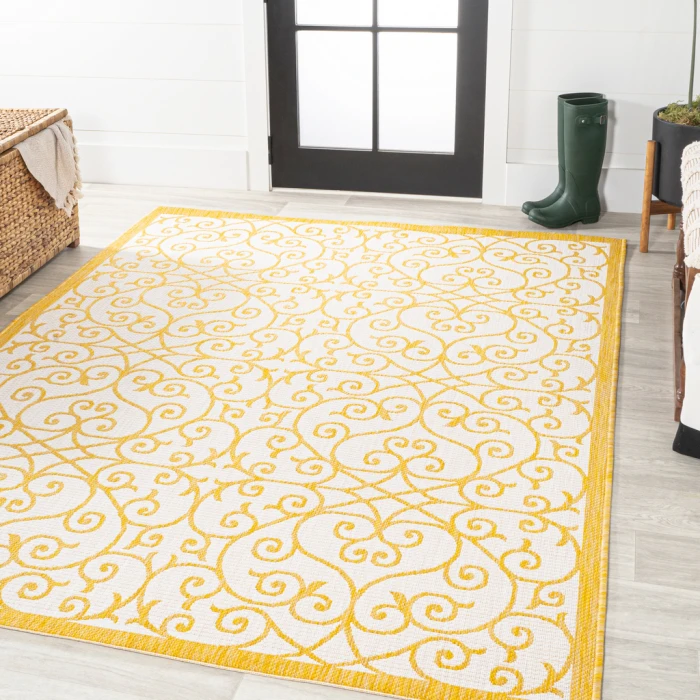 Madrid Vintage Filigree Textured Weave Cream/Yellow 5 ft. x 8 ft. Indoor/Outdoor Area Rug