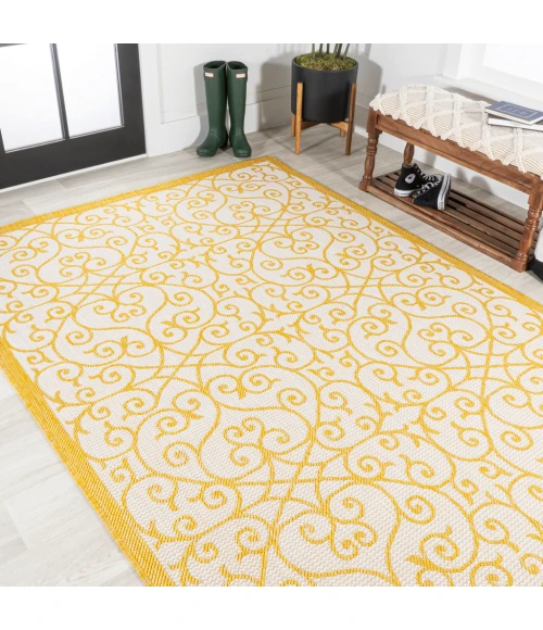 Madrid Vintage Filigree Textured Weave Cream/Yellow 3 ft. x 5 ft. Indoor/Outdoor Area Rug