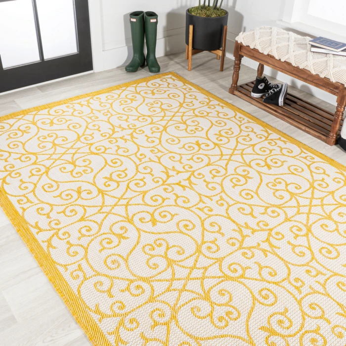 Madrid Vintage Filigree Textured Weave Cream/Yellow 5 ft. x 8 ft. Indoor/Outdoor Area Rug