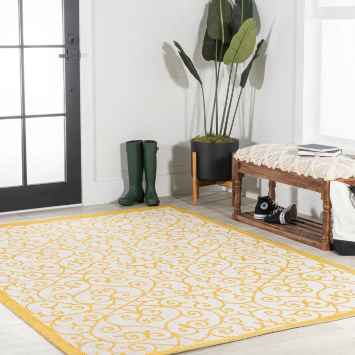 Madrid Vintage Filigree Textured Weave Cream/Yellow 5 ft. x 8 ft. Indoor/Outdoor Area Rug
