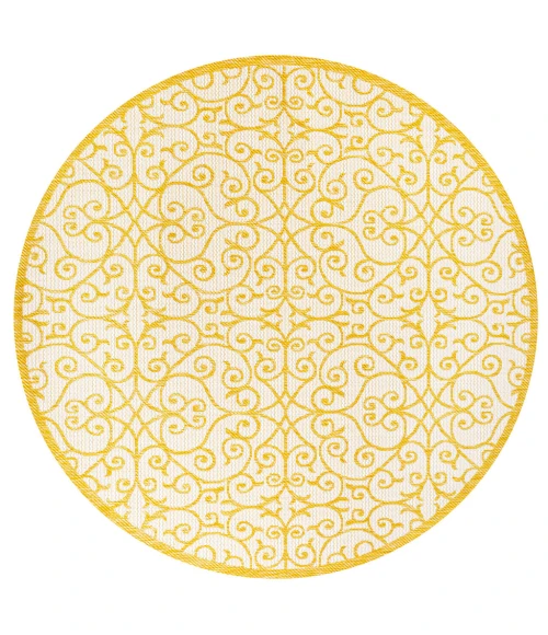 Madrid Vintage Filigree Textured Weave Cream/Yellow 5' Round Indoor/Outdoor Area Rug